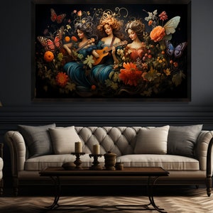May include: Three women in flowing gowns play musical instruments in a lush garden setting. The women are surrounded by vibrant flowers, butterflies, and greenery. The painting is framed in black and hangs on a dark wall.