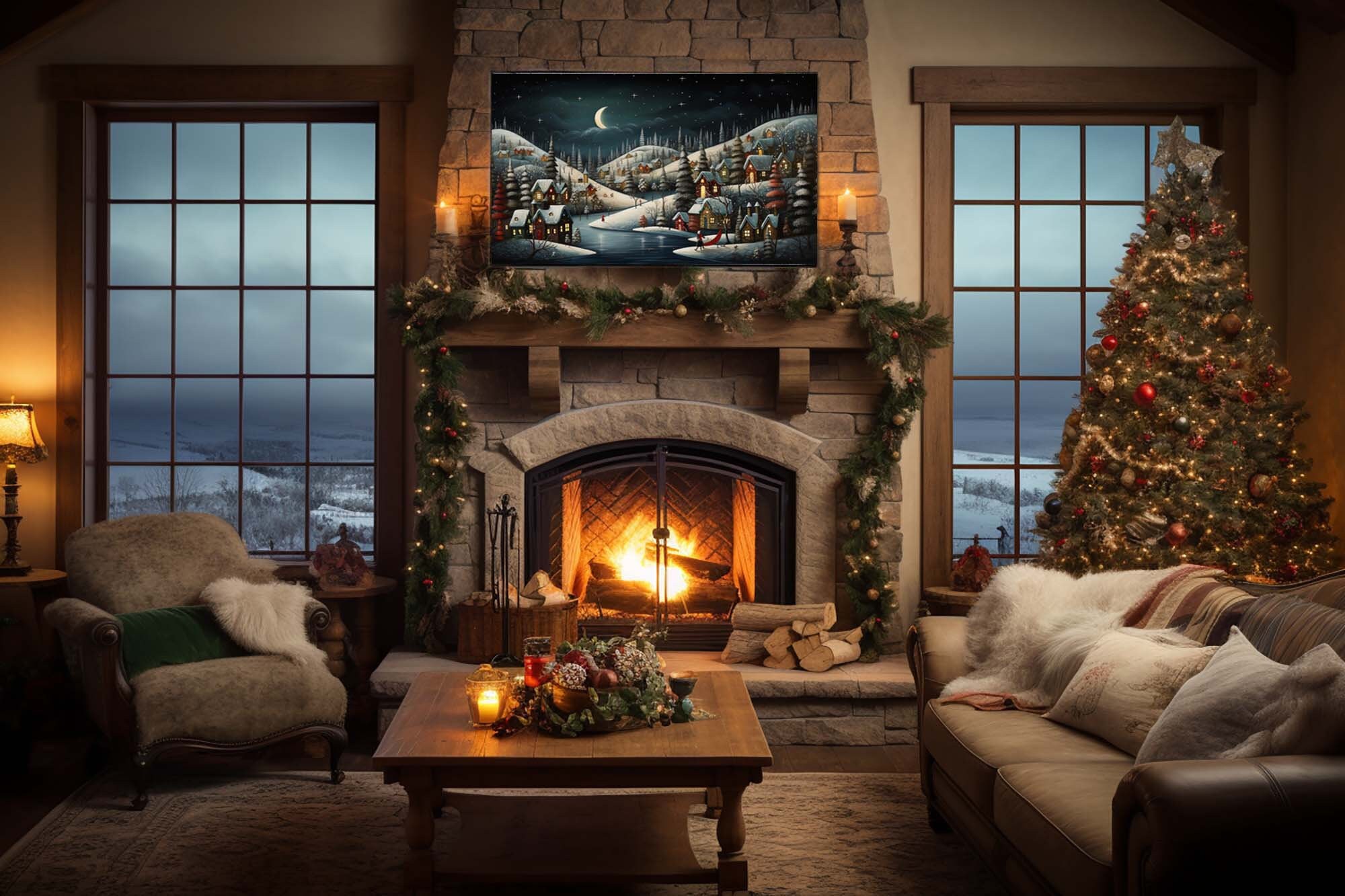 Christmas Samsung Frame Tv Art Snowy Christmas Village Folk Style
