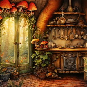 Toadstool Kitchen Art Print: Cozy Fairy Tale Cottagecore Decor
