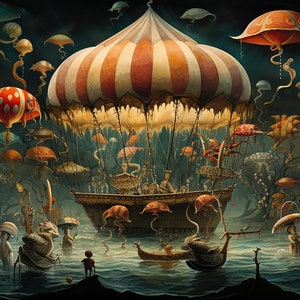 May include: A fantasy illustration of a hot air balloon with a striped canopy, floating over a dark blue body of water. The balloon is surrounded by many colorful jellyfish-like creatures with long tentacles. The water is filled with small boats and figures, some of which are riding on the backs of the creatures.