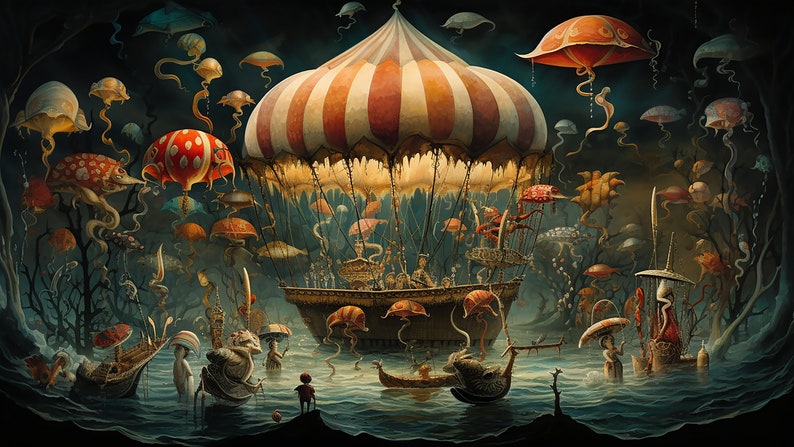 May include: A fantasy illustration of a hot air balloon with a striped canopy, floating over a dark blue body of water. The balloon is surrounded by many colorful jellyfish-like creatures with long tentacles. The water is filled with small boats and figures, some of which are riding on the backs of the creatures.