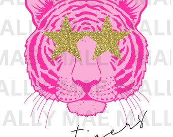Preppy TIGER MASCOT png, pdf, & svg PINK bougie oro brillo estrella ojos descarga digital