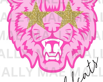 Preppy WILDCAT MASCOT png, pdf, & svg PINK bougie oro brillo estrella ojos descarga digital