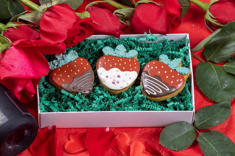 Valentine's Day Dog treats / Decorated cookies for dogs / All Natural Organic/ Chocolate Strawberries for dogs FREE Valentine's Day Card image 1