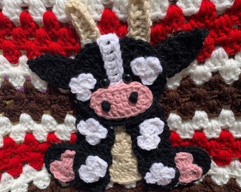 Crochet Baby Blanket, Cow Applique, Handmade Acrylic, Baby Shower Gift