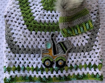 Crochet Truck Baby Blanket & Hat Set: Handmade Acrylic Blanket (3-6 mos)