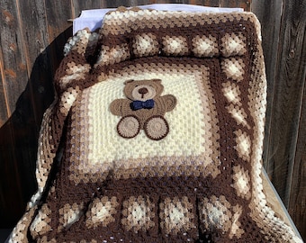 Crochet Teddy Bear Blanket, Handmade baby bear blanket, Crochet Baby Blanket, Baby boy bear blanket, Teddy bear blanket, Granny Square
