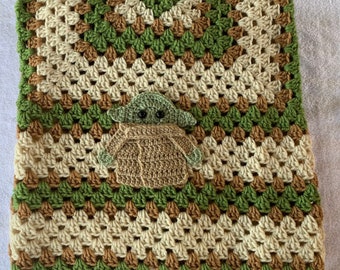 Crochet Baby Blanket: Grogu Applique, Handmade Acrylic Blanket