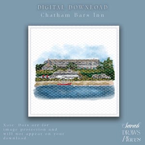 May include: Digital download art print of Chatham Bars Inn. The watercolor illustration depicts a coastal scene with a large building, beach, and ocean. The text "DIGITAL DOWNLOAD" and "Chatham Bars Inn" are at the top. The artist's name is at the bottom.