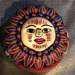 Celestial trinket box, Mexico sun face, Mexican folk art, colorful painted terra-cotta, Mexican Jewelry clay, vintage handmade decor