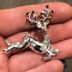 Christmas deer brooch pin with red rhinestones, Christmas gift, silver tone