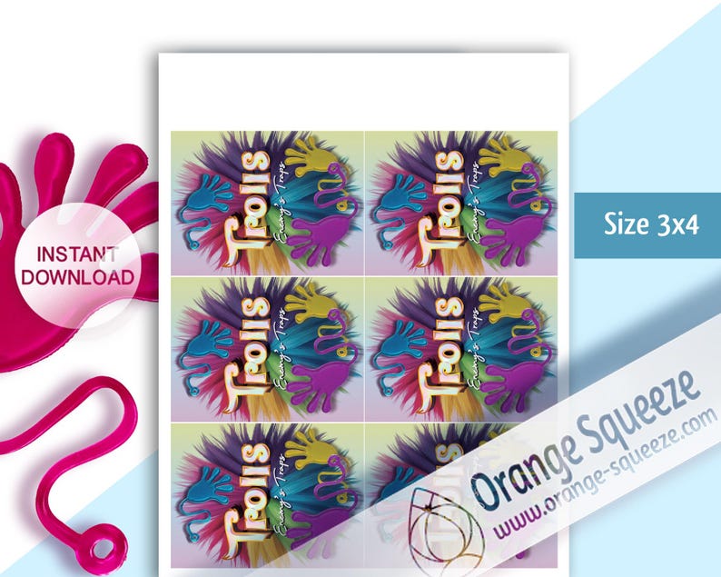 Troll Paper Labels Trolls Birthday Sticky Hands Labels | Kids Party Favor Tags | Printable ...