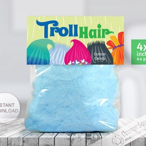 INSTANT DOWNLOAD, Trolls Cotton Candy Label, Treat Bag Toppers, Trolls Hair, Trolls Theme, Trolls Party, Trolls Favor labels, Birthday Party