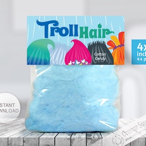 INSTANT DOWNLOAD, Trolls Cotton Candy Label, Treat Bag Toppers, Trolls Hair, Trolls Theme, Trolls Party, Trolls Favor labels, Birthday Party
