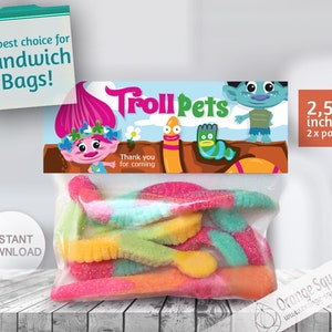 SOFORTIGER DOWNLOAD, Trolls Label Tasche, Leckerli Tasche Toppers Trolls, Troll Haustiere, Trolls Thema, Trolls Party, Trolls Geburtstag Gastgeschenke