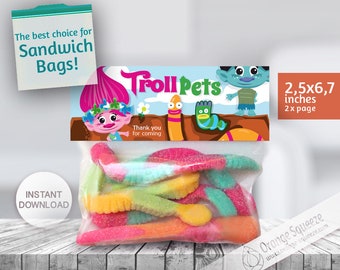 DESCARGA INSTANTE, Bolsa de etiquetas Trolls, Bolsa de golosinas Toppers Trolls, Mascotas Troll, Tema Trolls, Fiesta de Trolls, Favores de fiesta de cumpleaños de Trolls