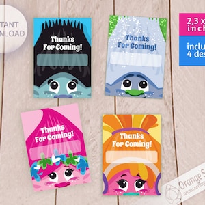 Cartão de agradecimento Troll, etiquetas de aniversário Trolls, cartão de agradecimento Troll, festa Trolls, imprimíveis Trolls, festa troll