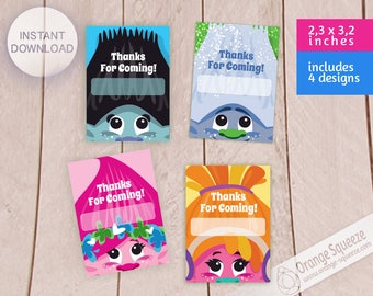 Trolls Thank You Tags | Birthday Party Favor Labels | Printable PDF