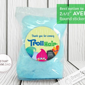 Trolls Cotton Candy - 2 1/2&quot;  Round Labels Printables on AVERY - INSTANT DOWNLOAD, Stickers, Trolls Hair, Trolls Party, Trolls labels