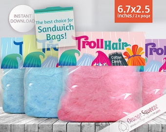 INSTANT DOWNLOAD, Trolls Cotton Candy Label, Treat Bag Toppers, Trolls Hair, Trolls Theme, Trolls Party, Trolls Favor labels, Birthday Party