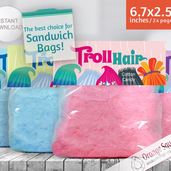 INSTANT DOWNLOAD, Trolls Cotton Candy Label, Treat Bag Toppers, Trolls Hair, Trolls Theme, Trolls Party, Trolls Birthday Party Favors