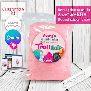 INSTANT DOWNLOAD Customize Trolls Cotton Candy - 2 1/2&quot; Round Labels AVERY Stickers, Trolls Hair, Trolls labels Trolls Birthday Party Favors