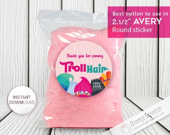 INSTANT DOWNLOAD Trolls Cotton Candy - 2 1/2" Round Labels Printables on AVERY - Stickers, Trolls Hair, Trolls Party, Trolls labels