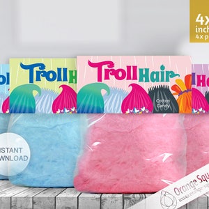 INSTANT DOWNLOAD, Trolls Cotton Candy Label, Treat Bag Toppers, Trolls Hair, Trolls Theme, Trolls Party, Trolls Favor labels, Birthday Party