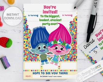 Trolle Geschwister-Geburtstags-Einladung, Printable Fill-in (Instant Download)