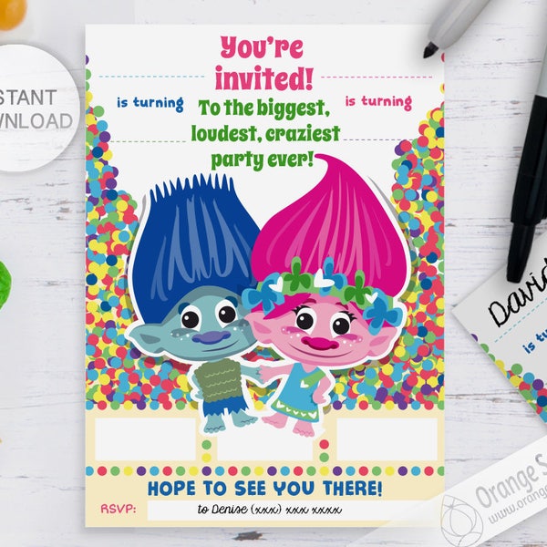 INSTANT DOWNLOAD Trolls Sibling Invitation, Sibling Invite, Twins Invitation, Designed to be printed and handwritten, Fill in blanks