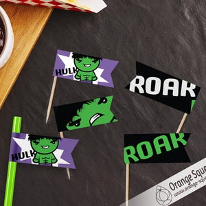 May include: Four printable cupcake toppers featuring a green cartoon character with the words "Hulk" and "Roar" in black and white text. The toppers are printed on white cardstock and are ready to be cut out and used.