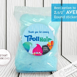 Trolls Cotton Candy - 2 1/2&quot;&quot; Round Labels Printables on AVERY - INSTANT DOWNLOAD, Stickers, Trolls Hair, Trolls Party, Trolls labels