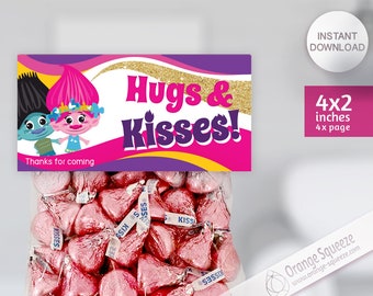INSTANT DOWNLOAD, Trolls hugs and kisses, Treat Bag Toppers, Trolls Hair, Trolls Theme, Trolls Party, Trolls Favor labels, Birthday Party