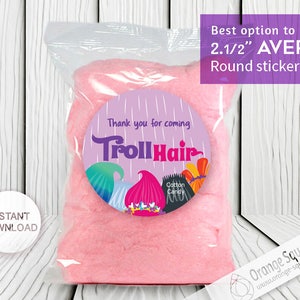 INSTANT DOWNLOAD Trolls hair Cotton Candy - 2 1/2" Round Labels Printables on AVERY, Stickers, Trolls Hair, Trolls Party, Trolls labels