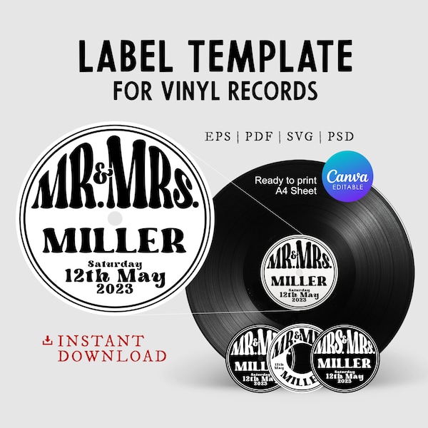 Retro Vinyl Record Label Template for a Groovy 70s Wedding Guest Book, Custom Sticker for 12 & 7 inch Disc, DIY Editable in Canva, svg, psd