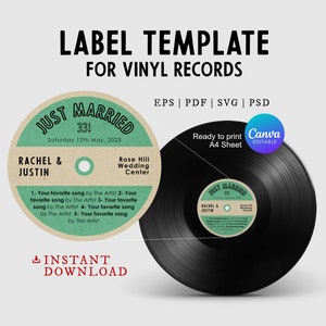 Vintage Vinyl Record Label Template for Wedding Guestbook Alternative, Customizable Sticker for 12 & 7 inch Disc Editable in Canva, svg, psd
