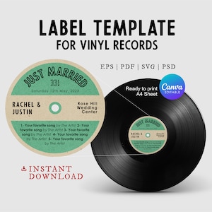 Modello di etichetta per dischi in vinile vintage per alternativa al libro degli ospiti per matrimoni, adesivo personalizzabile per dischi da 12 e 7 pollici modificabile in Canva