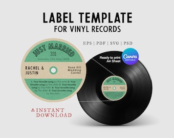 Modèle d’étiquette de disque vinyle vintage pour alternative au livre d’or de mariage, autocollant personnalisable pour disque de 12 et 7 pouces modifiable dans Canva, svg, psd