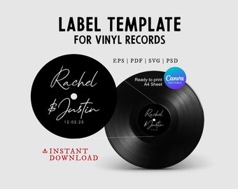 Modern Vinyl Record Label Template for a Minimalist Wedding Guest book, Customizable DIY Sticker 12 & 7-inch Disc, Editable in Canva, svg