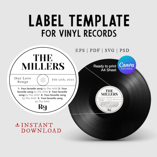 Editable Vinyl Record Sticker Template for Modern Wedding Guest Book Alternative, Label for 12 & 7 inch Disc, DIY customizable in Canva, svg