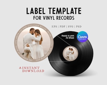 Boho Vinyl Record Label Template for a Wedding Guest Book Alternative, Customizable Labels for 12 & 7-inch Disc, Diy Editable in Canva, svg