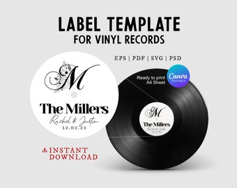 Monogram Vinyl Record Sticker Template with names and dates, Alternative Wedding Guest Book Label Idea 12 & 7 inch, Editable in Canva, SVG