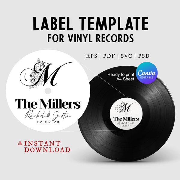 Monogram Vinyl Record Sticker Template with names and dates, Alternative Wedding Guest Book Label Idea 12 & 7 inch, Editable in Canva, SVG