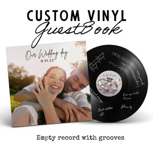 Alternative Wedding Guest Book on a Custom Vinyl Record for Just Married Couples to Sign on Wedding Reception with your Photos and No Audio