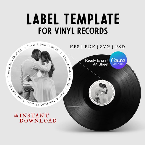 Vinyl Record Label Template for Wedding Guest Book Alternative Black and White, Sticker for 12 & 7 inch Disc Editable in Canva, svg, psd