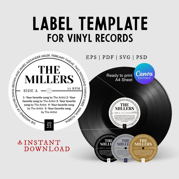 Modern Vinyl Record Label Template for a Boho Wedding Guest Book, Customizable Sticker for 12 & 7 inch Disc, DIY editable in Canva, svg, psd