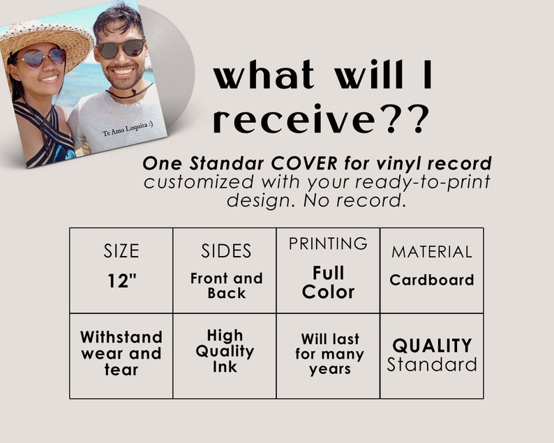 Custom Record Cover with your Photos No Vinyl Disc Included, Two Sided Printed Sleeve, 12 Personalized Album Jacket, Print Damage Covers image 3