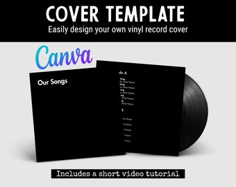 Black Cover Template to Create a Custom Vinyl Record with your message and playlist for a 12-inch disc, Editable in Canva, No physical item