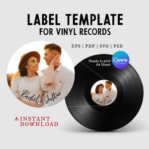 Boho Vinyl Record Sticker sjabloon voor moderne bruiloft gastenboek alternatief, label voor 12 & 7 inch schijf, bewerkbare diy in Canva, svg, psd