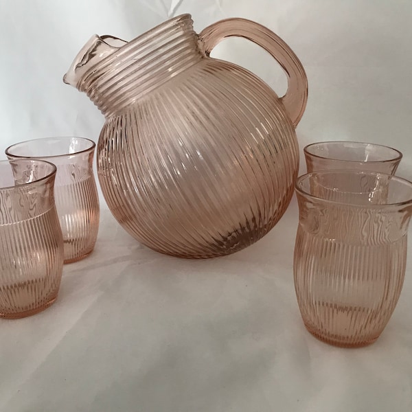 Very Htf Hazel Atlas Fine Rib Pink Tumbers and Ball Pitcher Depression Glass Great Condition